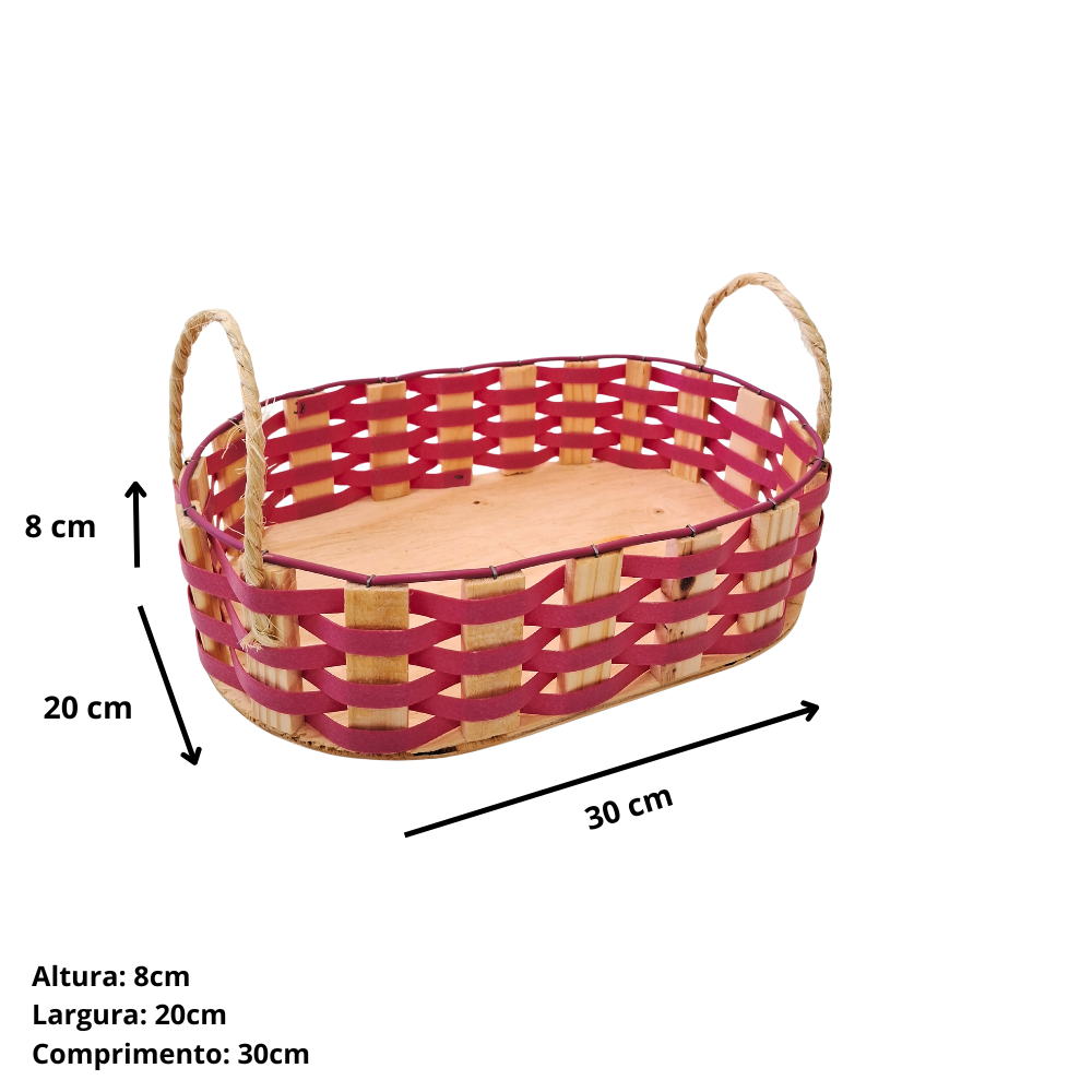 Bandeja oval de madeira de pinus e fibra sintética.